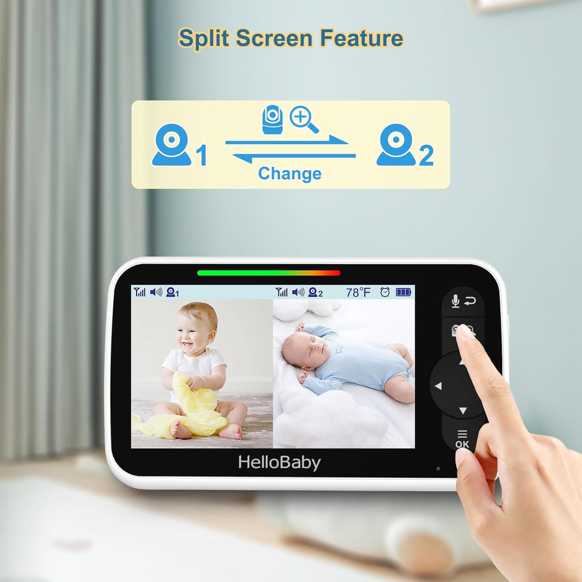 HelloBaby Video Baby Monitor with 2 Cameras and 5 Inch Split Screen Display, Remote Control Cameras