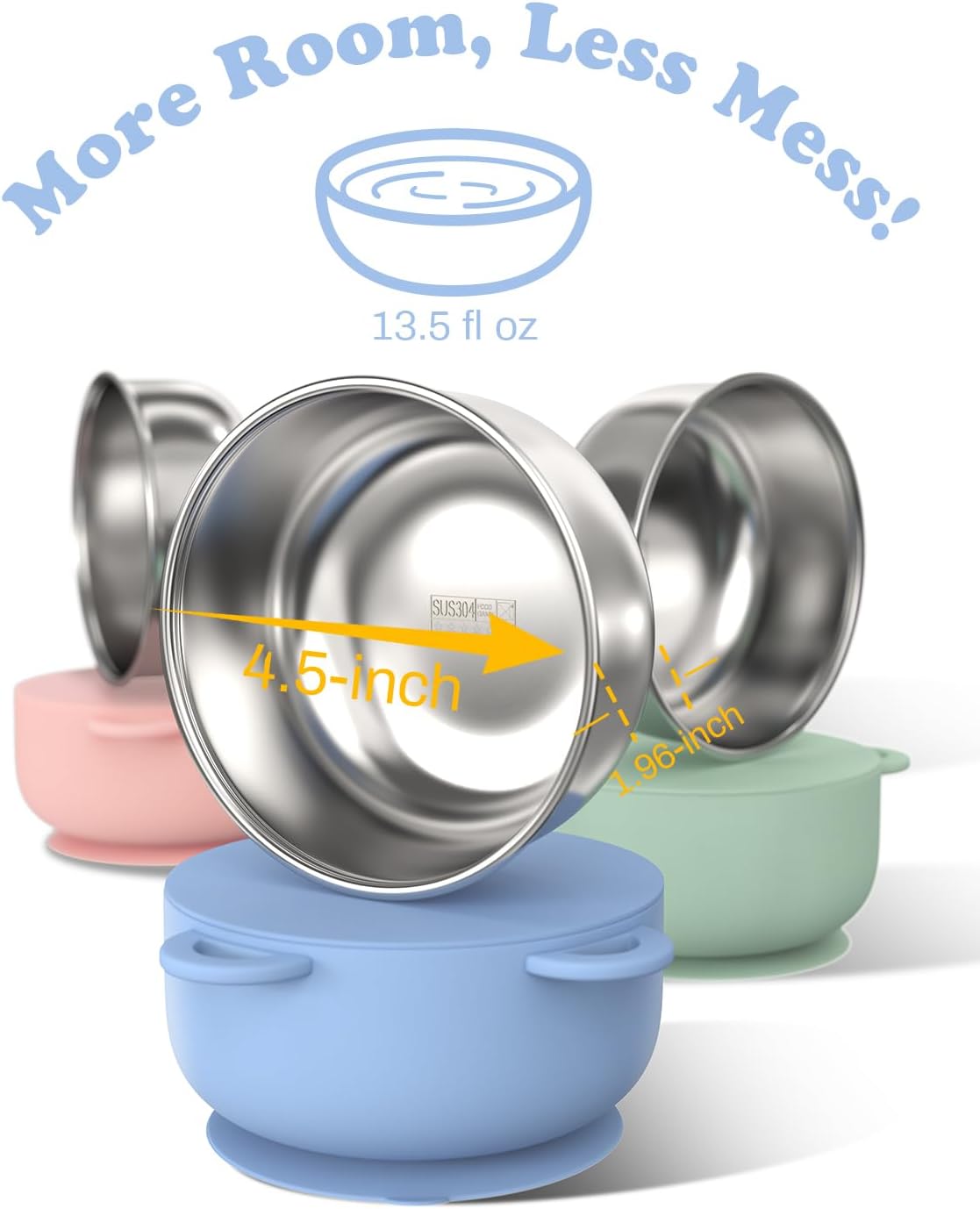 Baby Suction Bowls with Lids 4-Pack, 2-in-1 Stainless Steel 304 Toddler Bowl & Removable Silicone