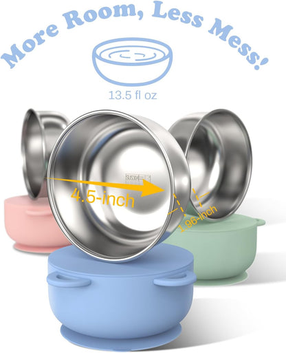 Baby Suction Bowls with Lids 4-Pack, 2-in-1 Stainless Steel 304 Toddler Bowl & Removable Silicone