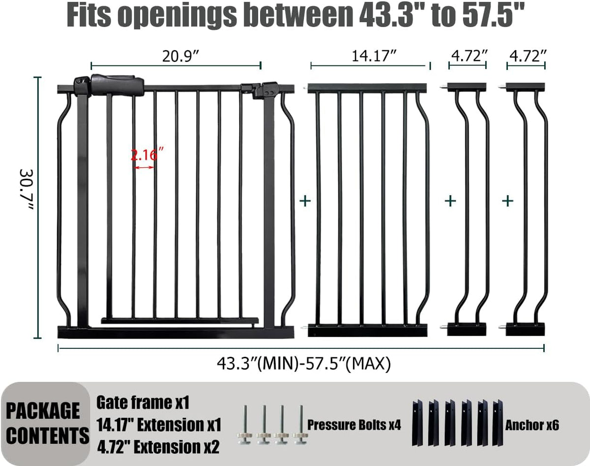 Extra Wide Baby Gate, 52.7-57.5 Inch, Large Walk Through, Black Metal, Pressure Mounted, Long