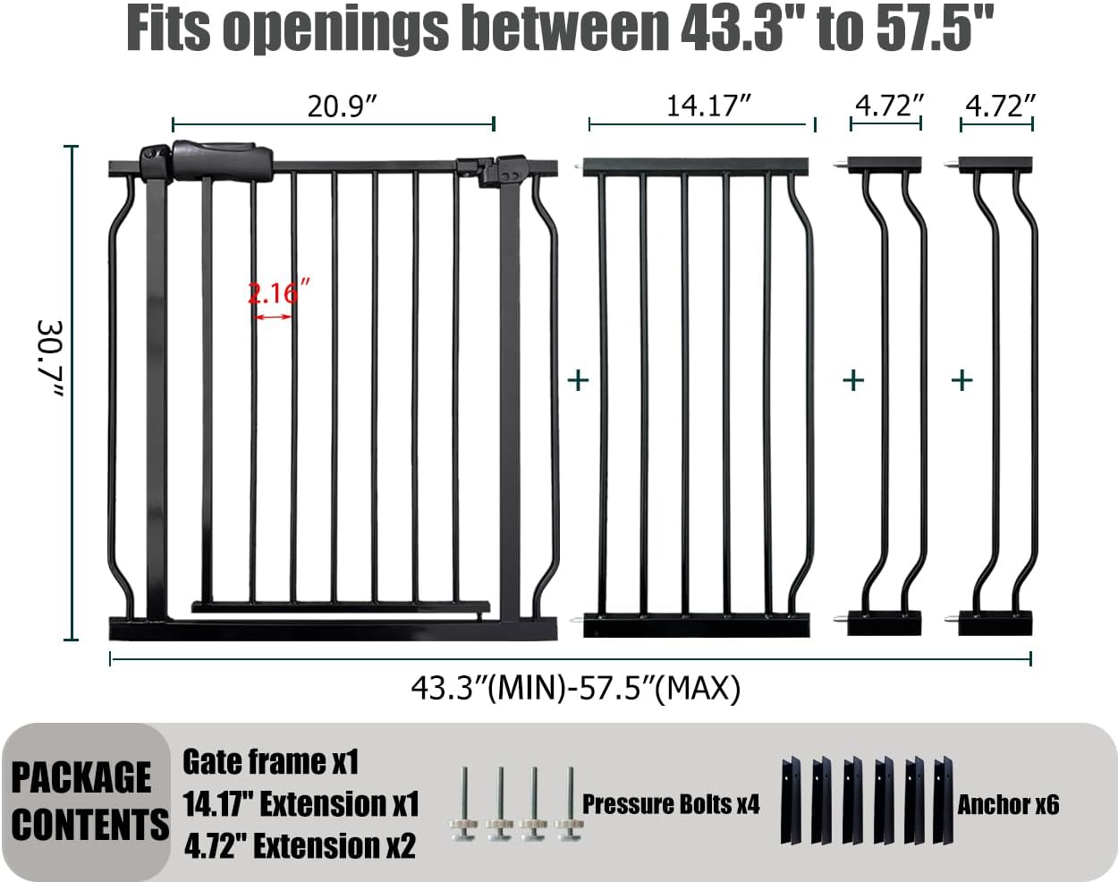 Extra Wide Baby Gate, 52.7-57.5 Inch, Large Walk Through, Black Metal, Pressure Mounted, Long