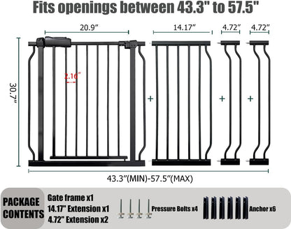 Extra Wide Baby Gate, 52.7-57.5 Inch, Large Walk Through, Black Metal, Pressure Mounted, Long
