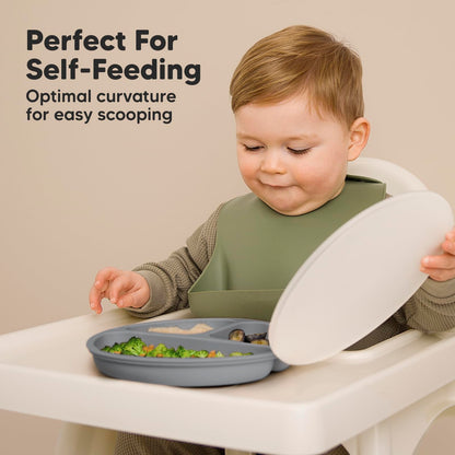 KeaBabies Suction Plates with Lids for Baby, 3-Pack, 100% Silicone (Slate)