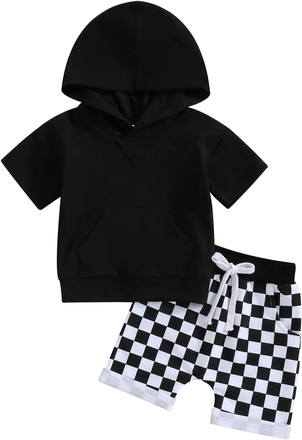 Toddler Baby Boy Summer Hooded Outfit Contrast Color Short Sleeve T Shirt Top Elastic Shorts Summer