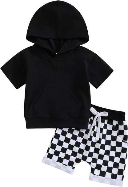 Toddler Baby Boy Summer Hooded Outfit Contrast Color Short Sleeve T Shirt Top Elastic Shorts Summer