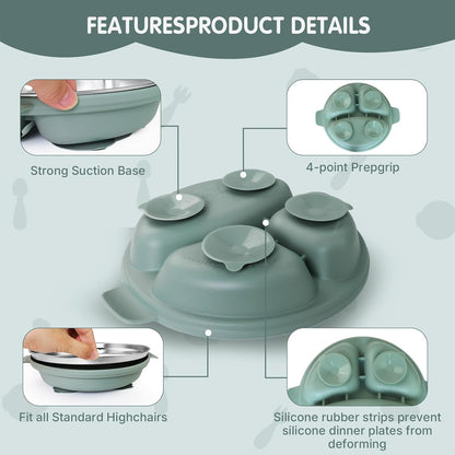Stainless Steel Toddler Plates with Suction | Non-Slip Divided Baby Plates BPA Free & Non Toxic |