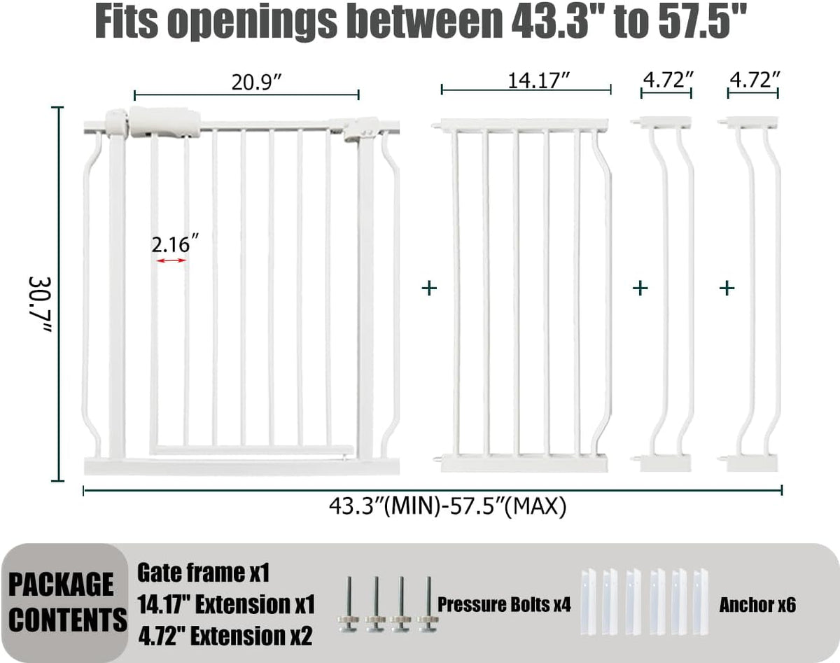Extra Wide Baby Gate, 52.7-57.5 Inch, Large Walk Through, White Metal, Pressure Mounted, Long