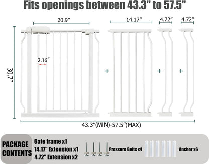 Extra Wide Baby Gate, 52.7-57.5 Inch, Large Walk Through, White Metal, Pressure Mounted, Long