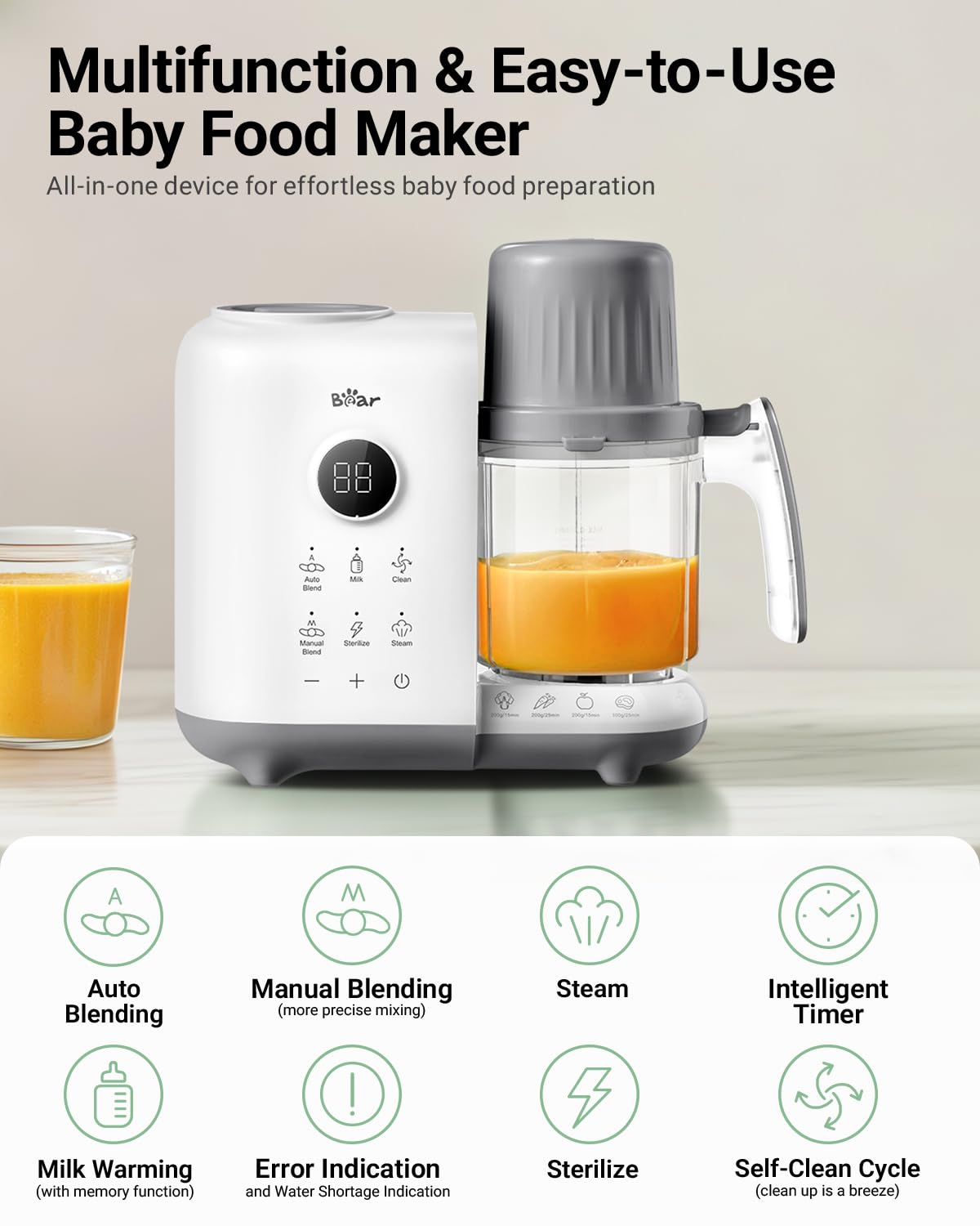 Bear Baby Food Maker Steamer&Blender with Dual-Layer Steam Baskets, 18.5oz