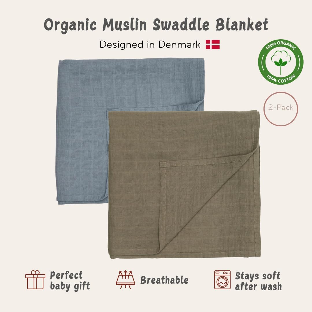 Swaddle - 100% Organic Cotton - Muslin Swaddle Blankets for Newborn, 47" x 47" 2-Pack (Sage
