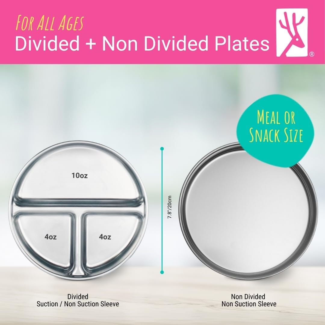 Elk and Friends 7.8” Stainless Steel Non Divided Plates with Silicone Sleeve + Storage Lid | Baby