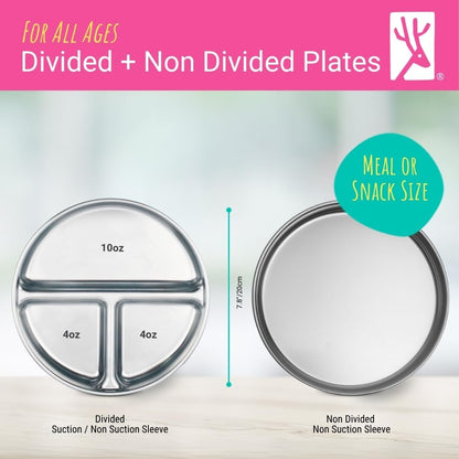 Elk and Friends 7.8” Stainless Steel Non Divided Plates with Silicone Sleeve + Storage Lid | Baby