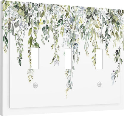 Decorative Switch Plates Boho Farmhouse Flower Leaf Sage Green 3 Gang Wall Plate Triple Toggle