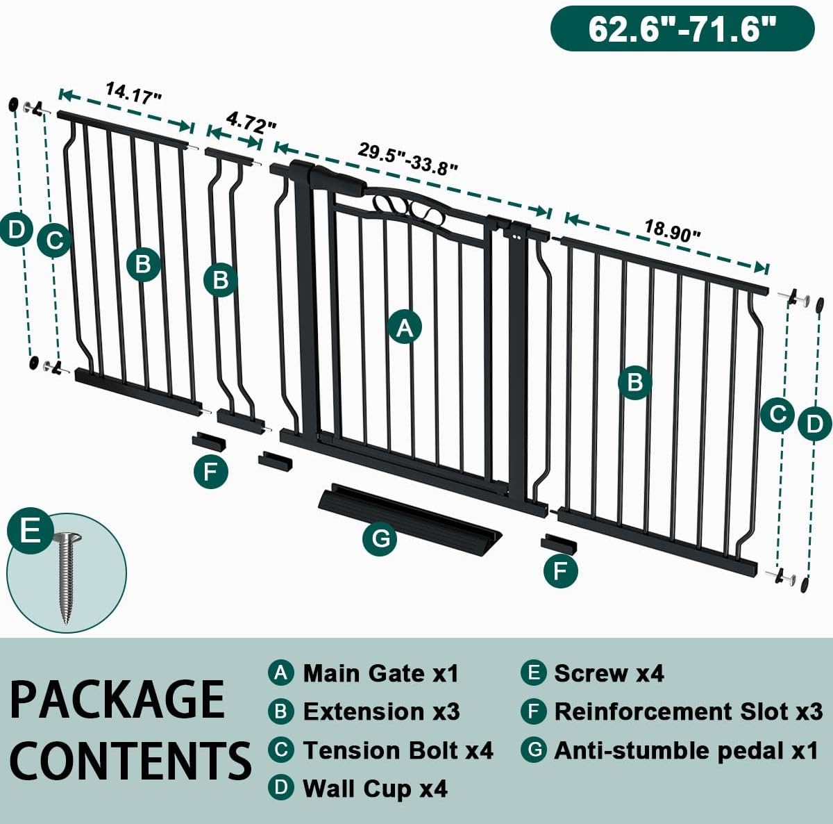 Fairy Baby 62.5"-71.6" Extra Wide Long Pet Dog Gate for The House, Baby Safety Child Gate for