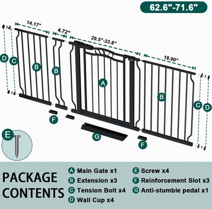 Fairy Baby 62.5"-71.6" Extra Wide Long Pet Dog Gate for The House, Baby Safety Child Gate for