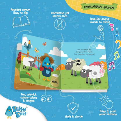 Ditty Bird Farm Animals Sound Book for Toddlers | Interactive Farm Board Book with Real Animal