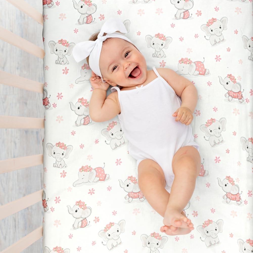 4 Pack Baby Girl Crib Sheets Set Soft Fitted Floral or Elephant Theme Baby Girl Mattress Covers
