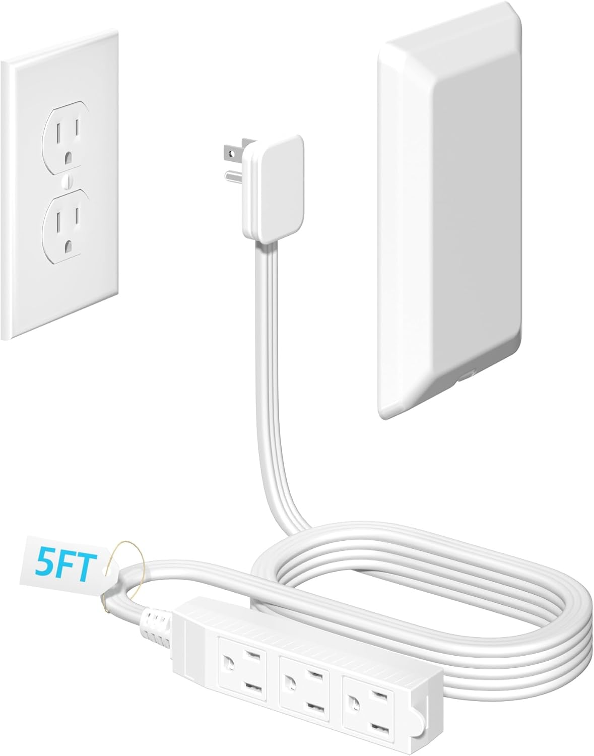 5FT Flat Extension Cord Ultra Thin Outlet Concealer with Cord Concealer Kit,Flat Outlet Extender