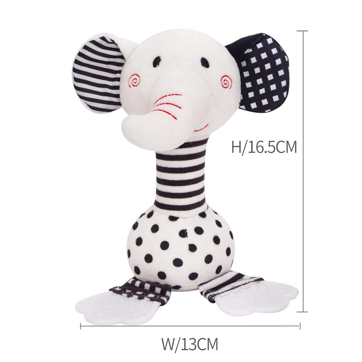Black & White Elephant Baby Toys 0-12 Months - Plush Sensory Rattle with Teether, Wind Chime, BB