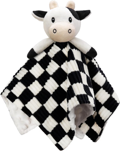 Cow High Contrast Baby Security Blanket for Babies, Soft 3D Checkerboard Lovey with Minky Dot