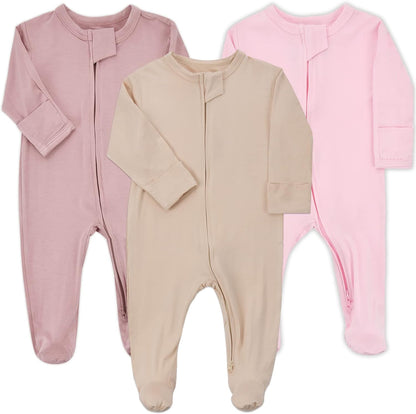 Aablexema Baby Zipper Pajamas Bamboo Rayon, 3pcs Unisex Infant Onesie with Mitten Long Sleeve