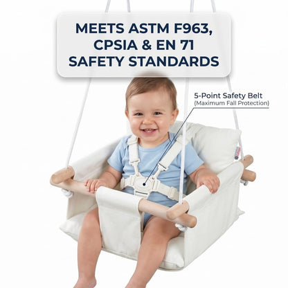 CaTeam Canvas Baby Swing Seat with 5-Point Safety Belt — Wooden Hanging Toddler Swing, Indoor &