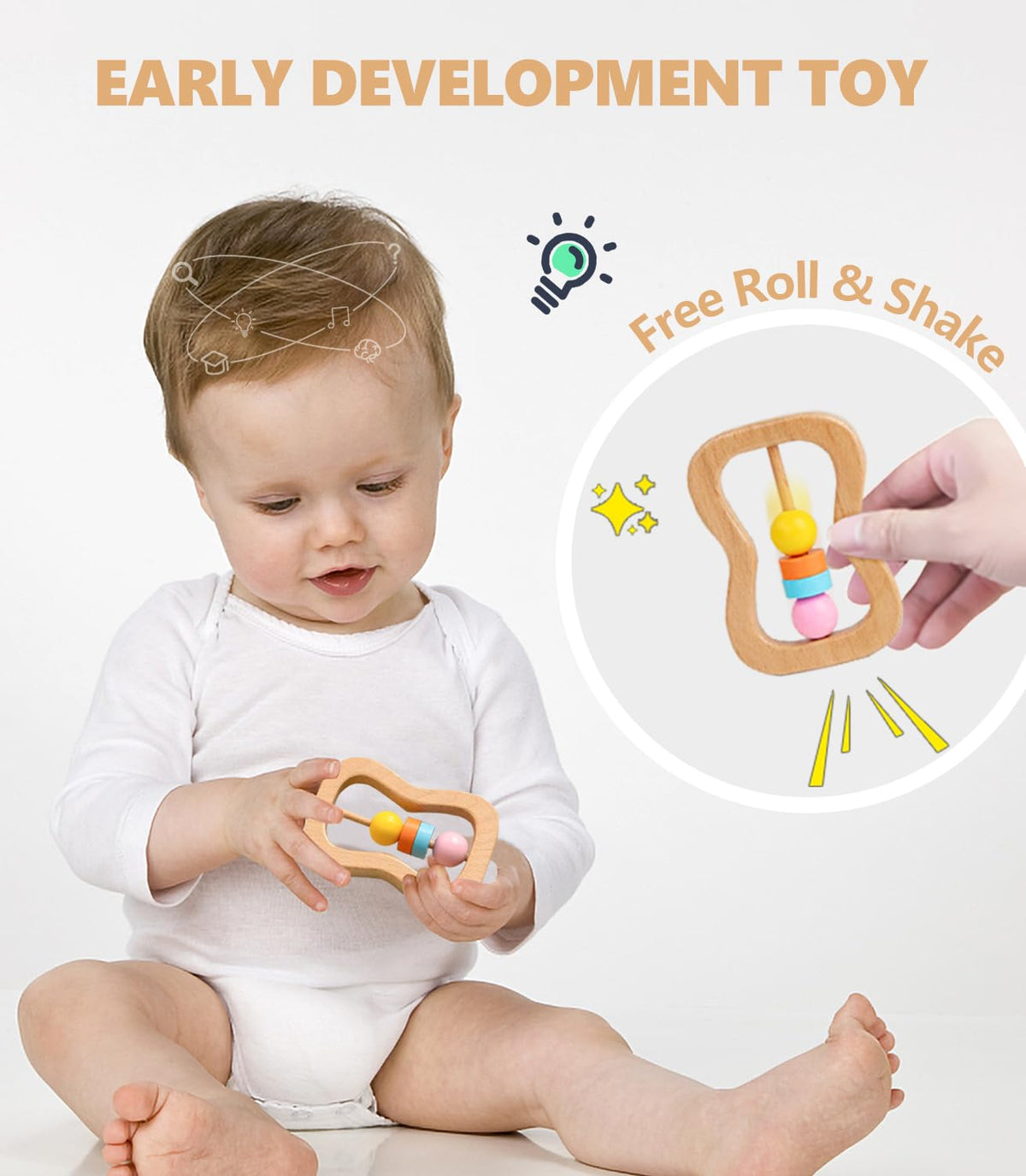 4 PCS Wooden Baby Rattle, Organic Colorful Baby Rattles Set, Wood Rattles for Babies 0-6-12 Months