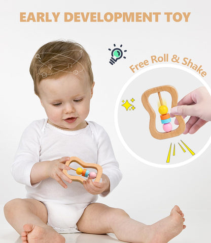 4 PCS Wooden Baby Rattle, Organic Colorful Baby Rattles Set, Wood Rattles for Babies 0-6-12 Months