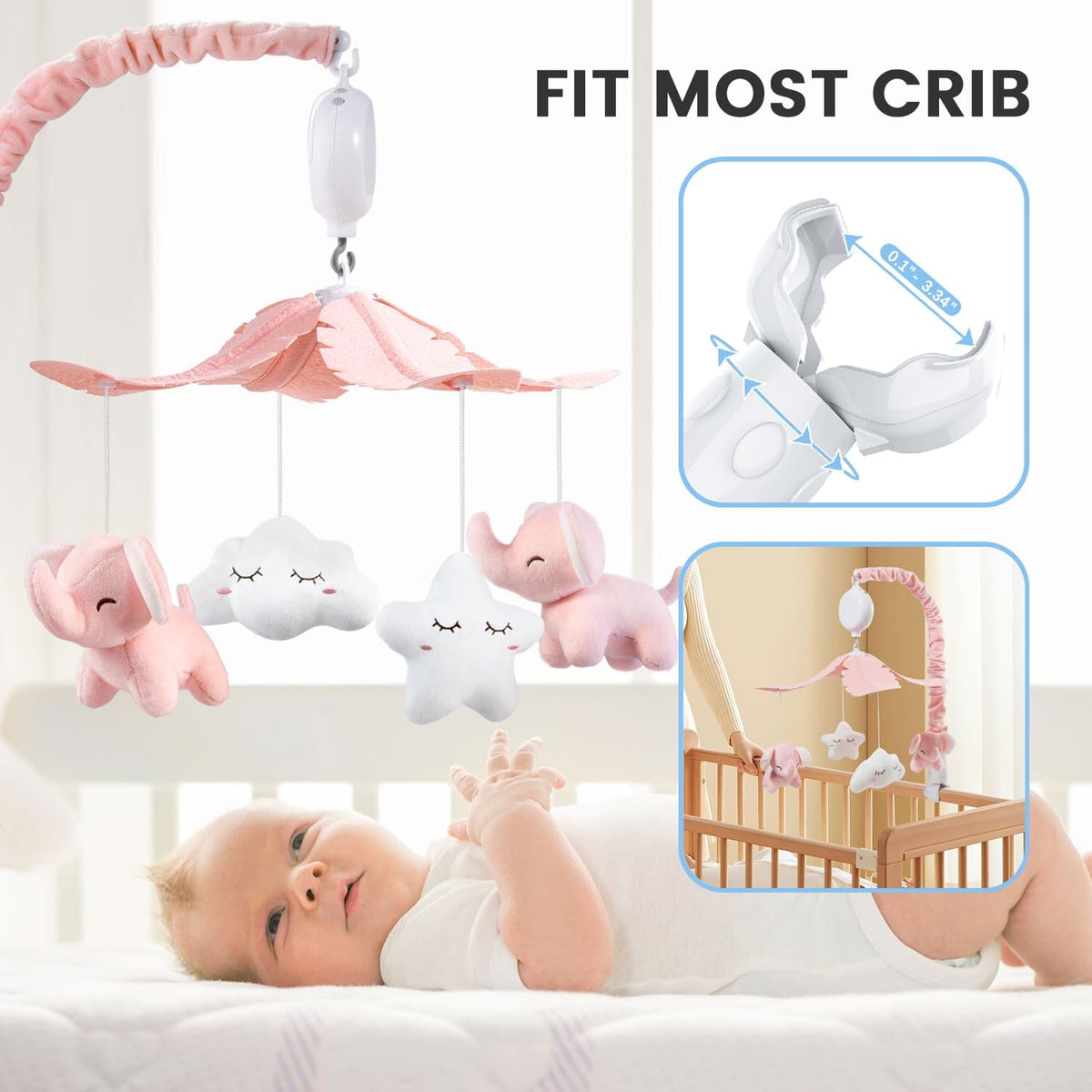 FEISIKE Crib Mobile for Girls Baby Mobiles with 3 Modes Digital Music Box（Turn Only, Music Only