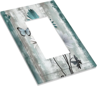 Decorative Outlet Covers Rustic Teal Daisy Floral Flowers Butterfly Wood Grain 1 Gang Single Rocker