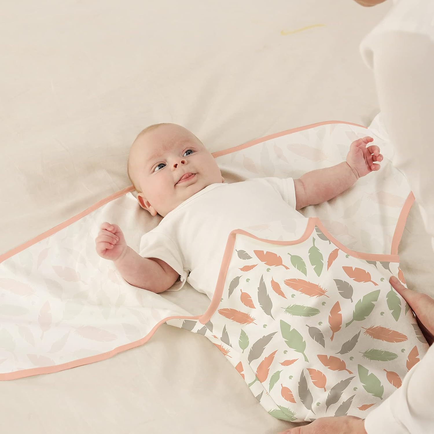 GLLQUEN BABY Swaddle Blankets for Baby Girls, 3-6 Months, Orange Pink Feather & Wave Point, 3 Pack
