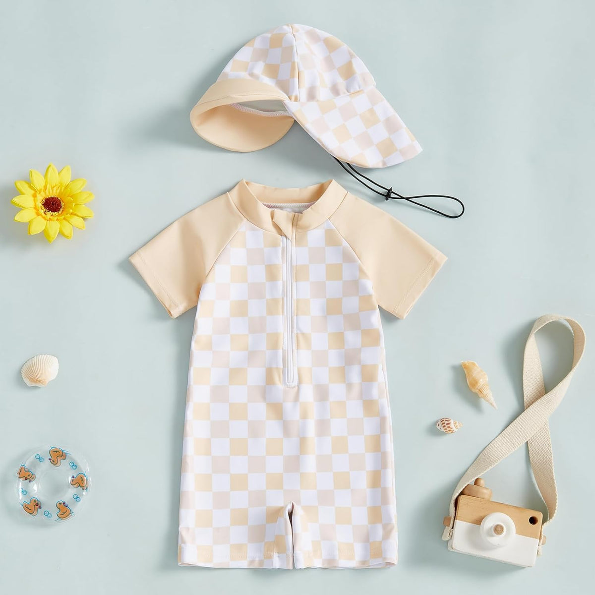 MAYUMMPY Baby Boys Girls Swimwear Casual Zipper One Pieces Rash Guard Swimsuit and Hat Beachwear