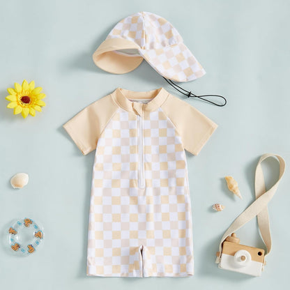 MAYUMMPY Baby Boys Girls Swimwear Casual Zipper One Pieces Rash Guard Swimsuit and Hat Beachwear