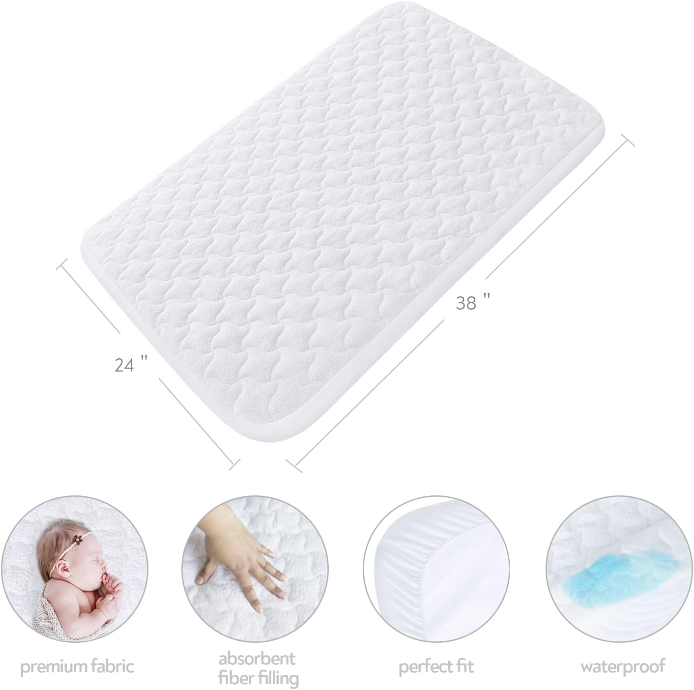 Mini Crib Mattress Protector Cover 38" x 24", 2 Pack Waterproof Mini Crib Mattress Pad Sheets for