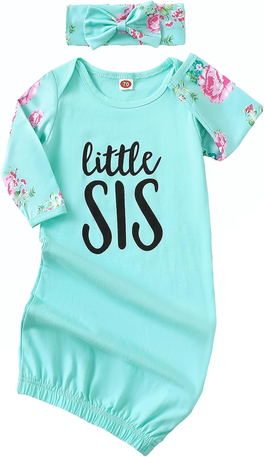 AMAWMW Newborn Baby Girl Little Sister Sleeper Gown Stripe Long Sleeve Nightgown Pajamas Gifts