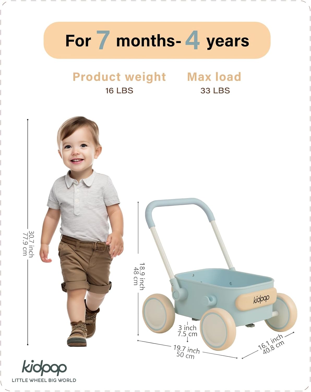 Kidpop PULA 2-in-1 Push and Pull-Along Wagon, Baby Push Walker for First Learner from 7 Month to 4
