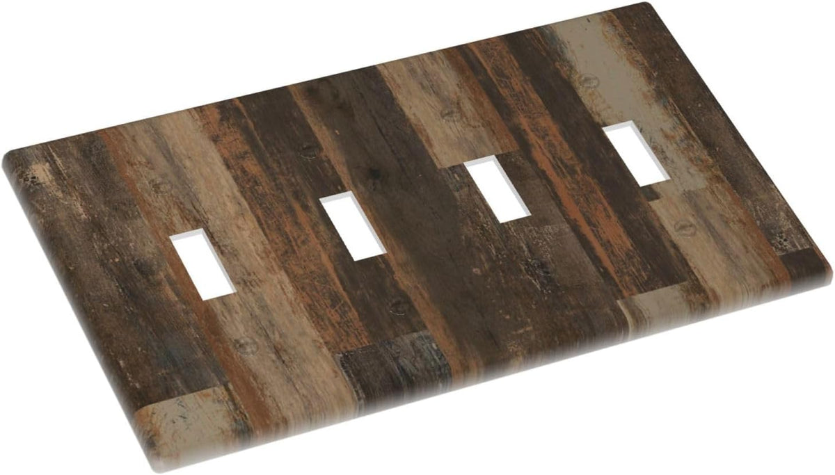 Rustic Brown Wood Grain Dark Oak Light Switch Covers Quad Toggle Electrical Faceplate 4 Gang Wall