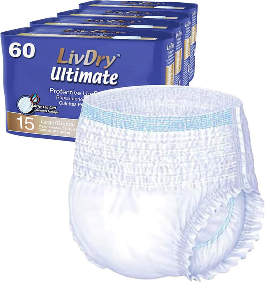LivDry Large Ultimate Adult Incontinence Underwear, High Absorbency, Leak Cuff Protection, L