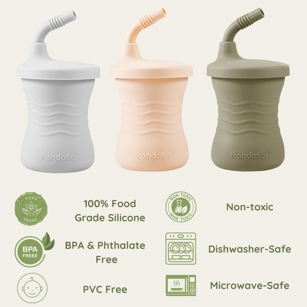PandaEar Silicone Training Cup, 3 Pack Baby Drinking Sippy Cups with Straw for Baby and Toddler 6