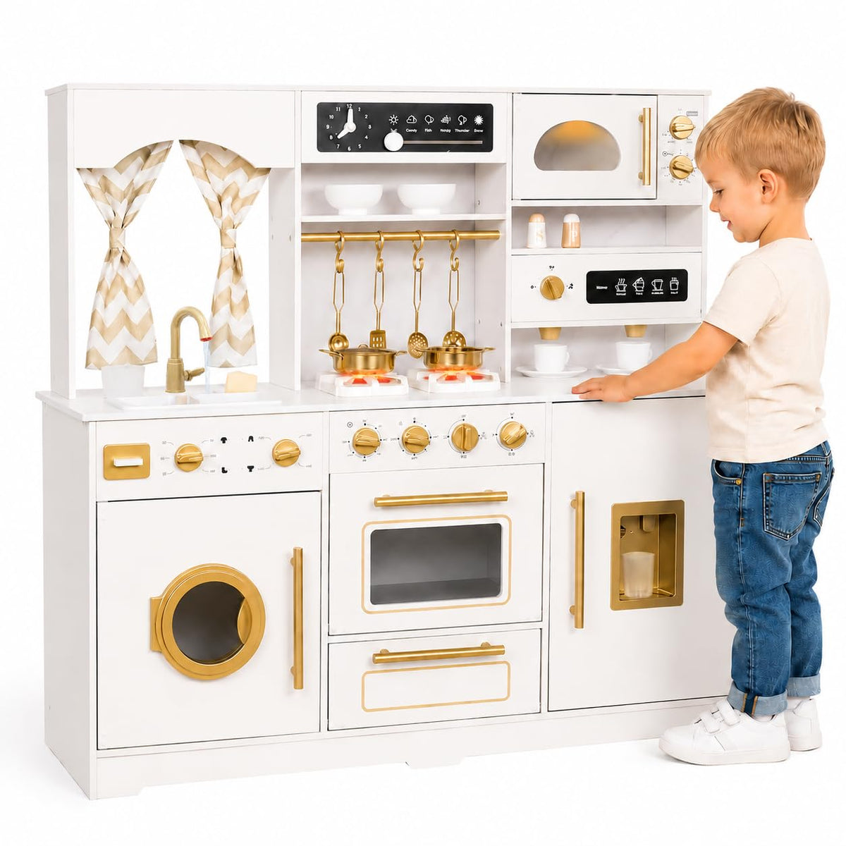 Wooden Play Kitchen Set with Ice Maker, Water Dispenser, Coffee Maker,Big Toddler Toy Kitchens