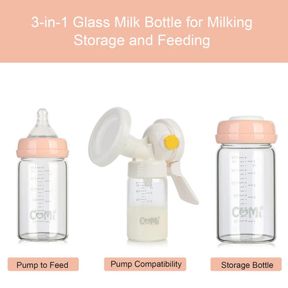 COMI Wide Neck Glass Breastmilk Collection n Storage Bottle, 4 Packs, 6oz with Screw Ring Sealing