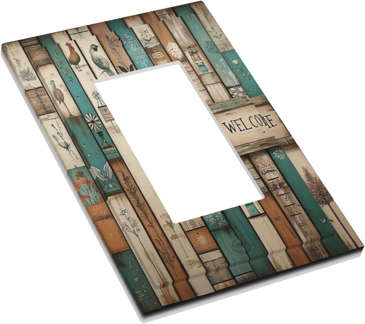Decorative Outlet Covers Vintage Wood Brown Turquoise Splicing 1 Gang Single Rocker Light Switch