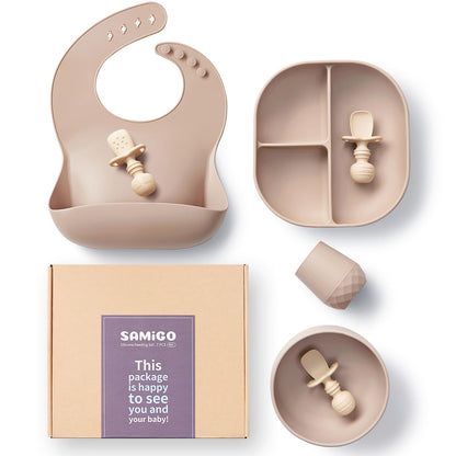 SAMiGO Silicone Baby Feeding Set, Baby Led Weaning Supplies, Suction Bowl Plate Bib Cup Self