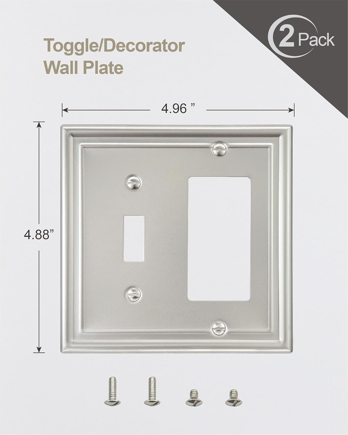 2-Pack Combination 1 Toggle/1 Decorator Wall Plate, Metal Switch Plate and Outlet Cover, Satin