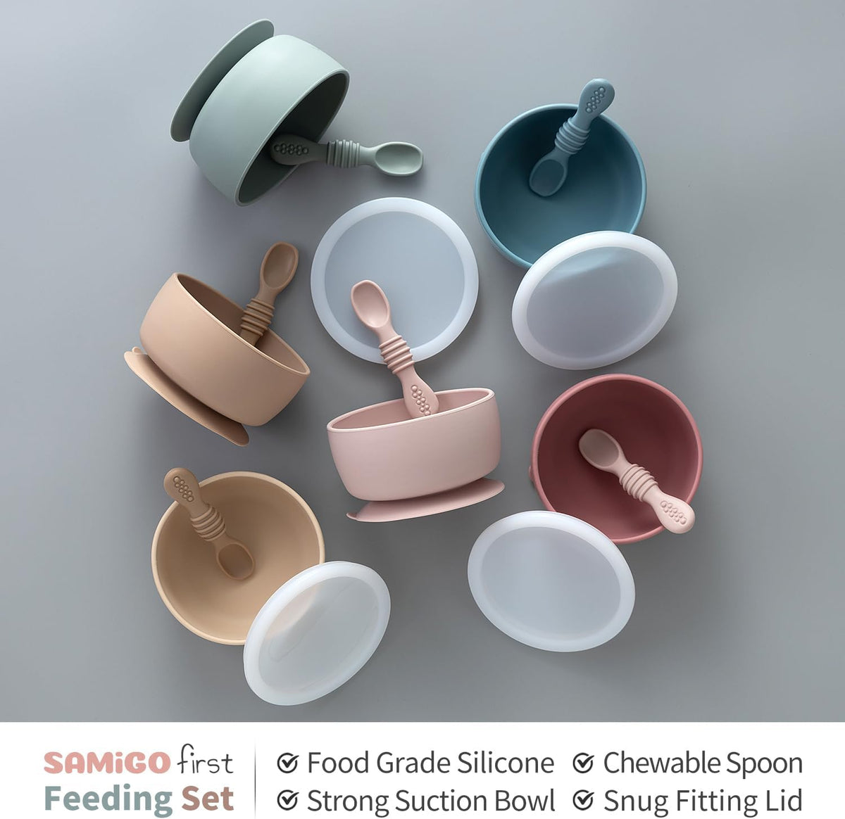 SAMiGO Silicone Baby Bowl and Spoon Set with Suction and Lid, First Stage Self Feeding Essentials