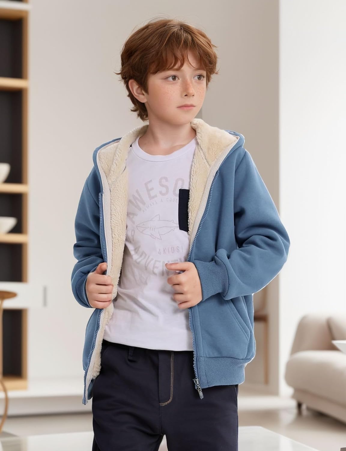 Gihuo Unisex Boy's Girls Winter Warm Sherpa Lined Zip Up Sweatshirt Fleece Jacket Kid's Hoodie
