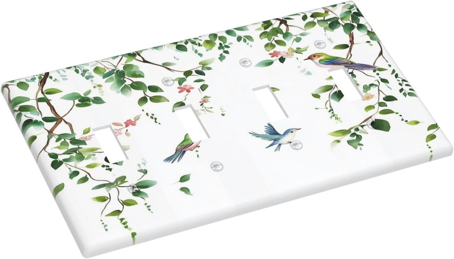 Light Switch Covers Green Leaves Bird Eucalyptus Sage Plant Quad Toggle Electrical Faceplate 4 Gang