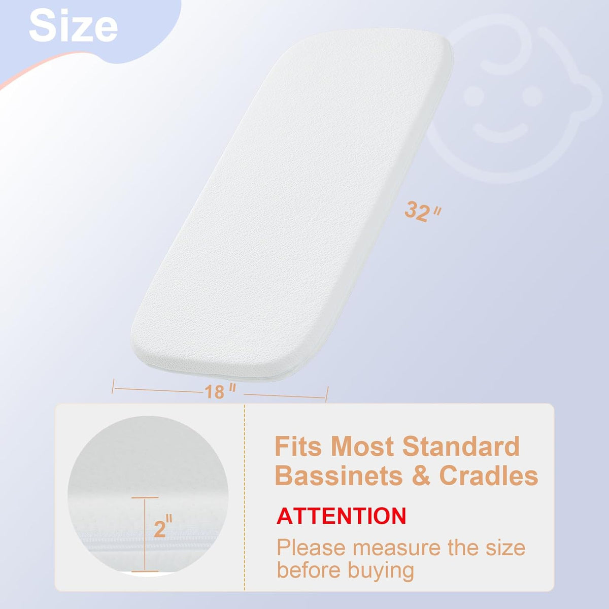 NeoBorn Baby Bassinet Mattress Pad, 32" x 18" Dual Sided Comfort Gel Memory Foam Mattress with