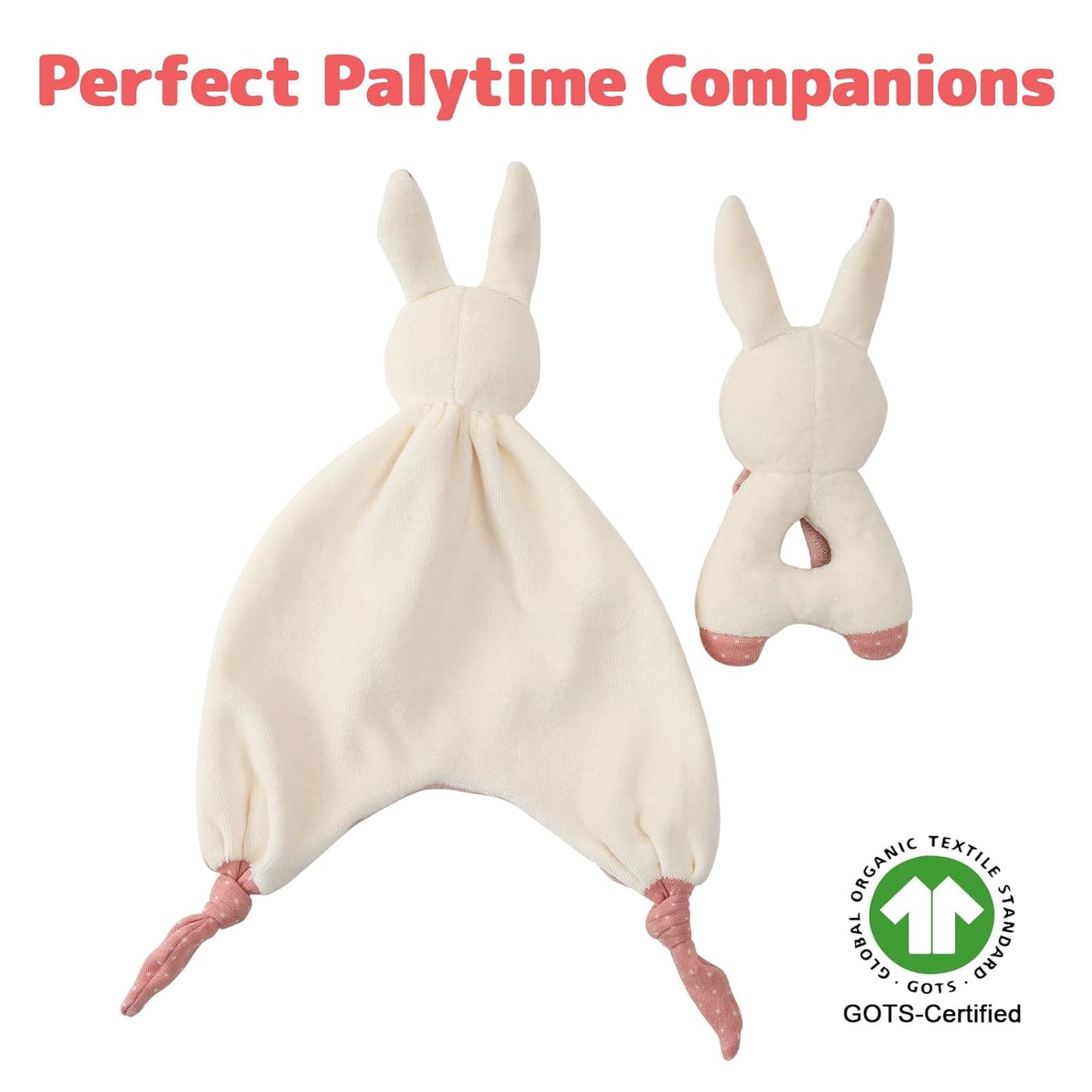 Organic Cotton Stuffed Animal Rattle Baby Toys, Plush Bunny Cuddle Cloth and Hand Grip Ring Rattles