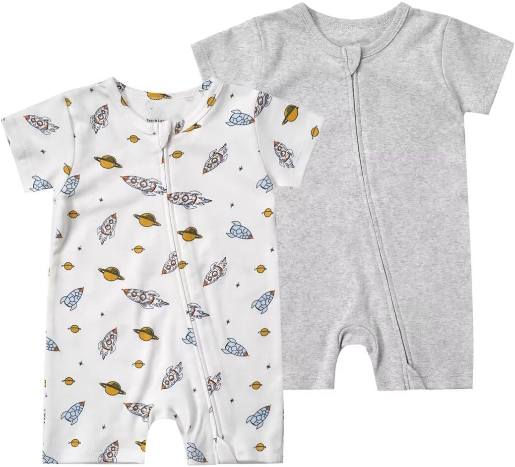 Teach Leanbh Unisex Baby 2 Pack Pajamas Cotton Short Sleeve 2 Way Zipper Printing Soild Romper